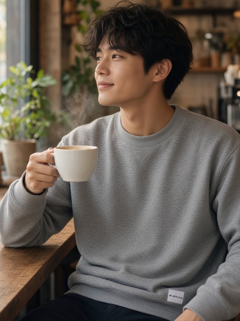 MKI Miyuki Zoku Men Grey Basic Crew Cotton Fleece Inner Pullover Sweatshirt US L